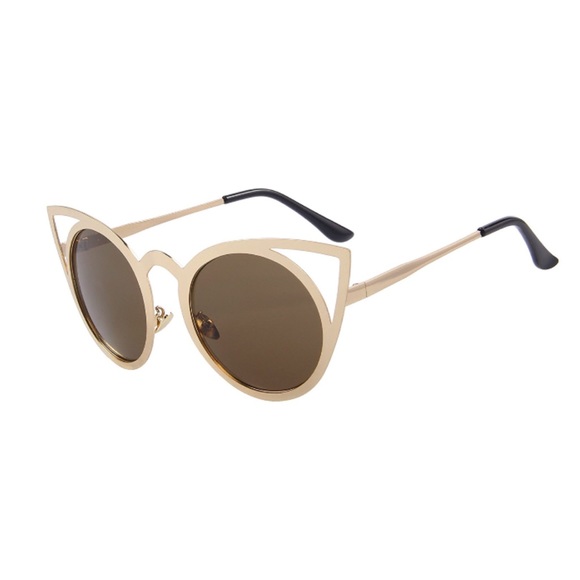 Gold Frame Round Cat Eye Cut Out Sunglasses Brown - Picture 2 of 4